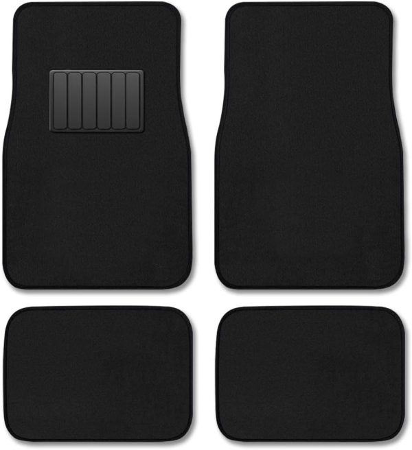 Premium Vehicle Mats 4-Piece with Vinyl Heel Pad, Black Carpet Driver Passenger and Rear Floor Mats