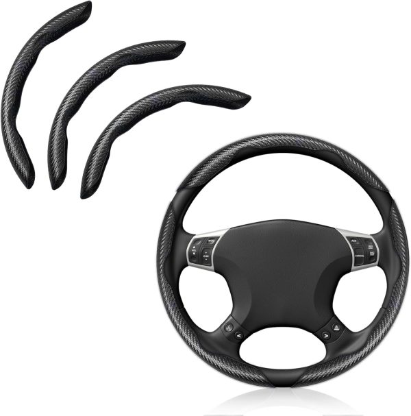 Carbon Fiber Steering Wheel Cover - 3PC Universal Non Slip Steering Wheel Protector, Matte Black