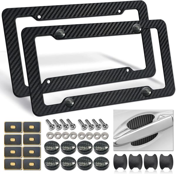 Carbon Fiber License Plate Frames- Black Carbon Pattern Plastic Front & Rear Car Tag Holder Cover 2 Pack with Mount Hardware, Screws, Caps, Handlebar Stickers